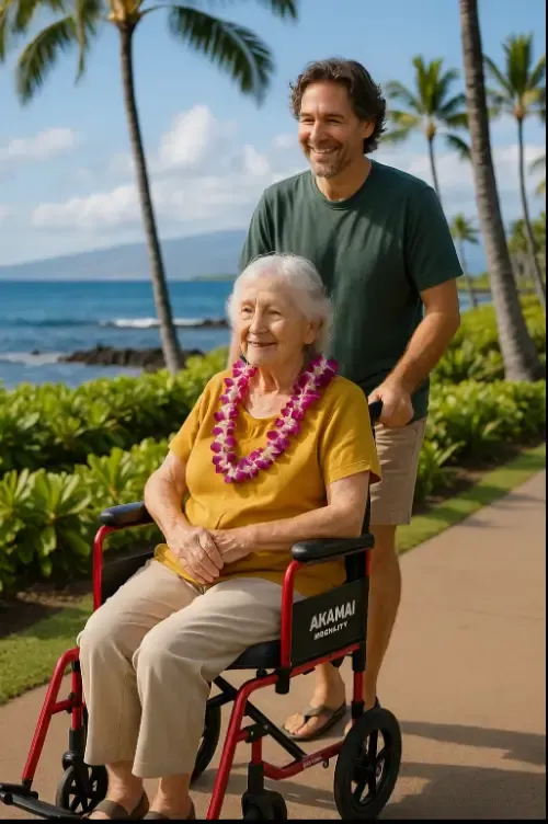 Smiling senior woman wearing a yellow shirt and purple orchid lei riding in an Akamai Mobility transport wheelchair along Lahaina’s scenic oceanfront, pushed by a man in a green shirt on a sunny day.